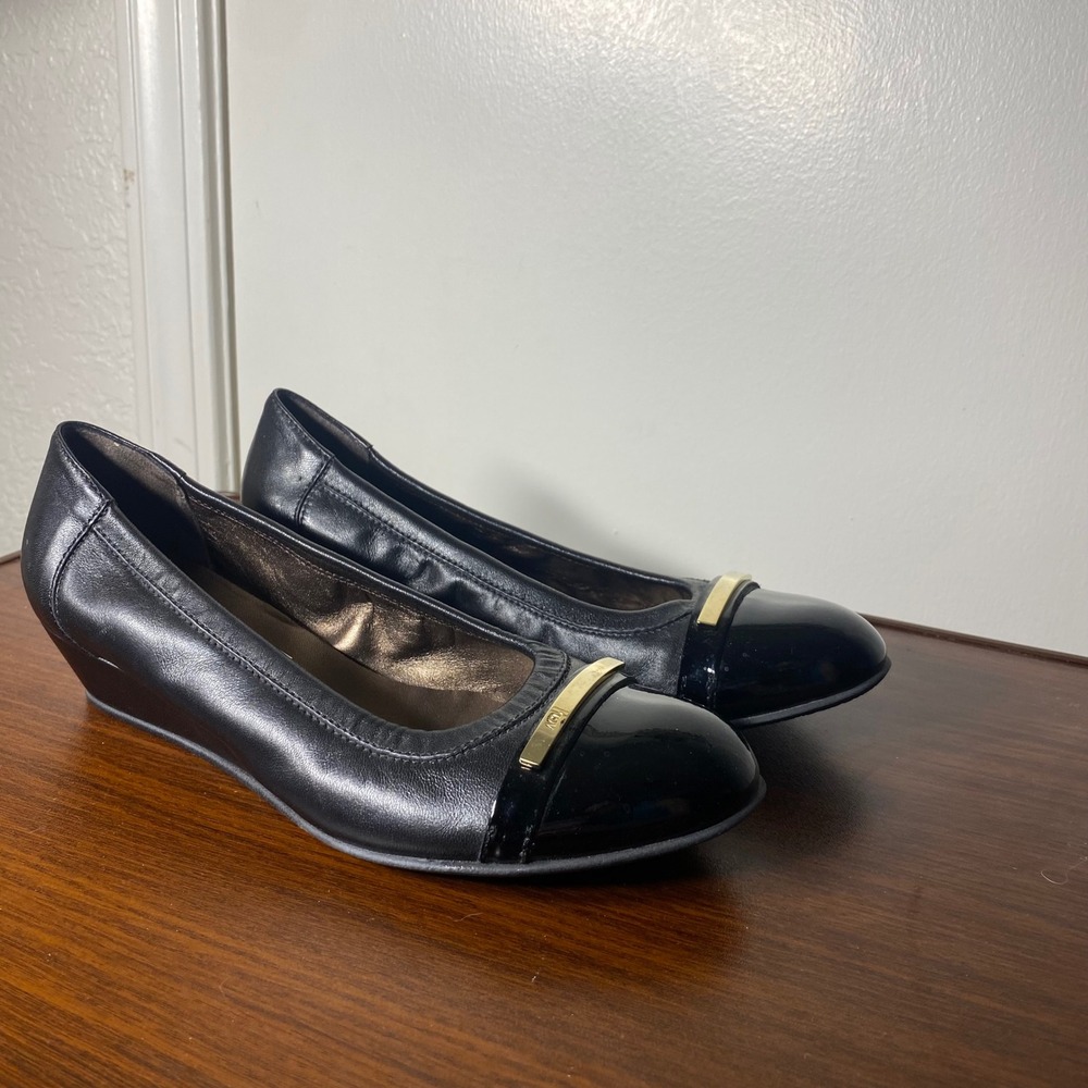 AGL Attilio Giusti Leombruni Black Leather Patent Cap Toe Wedge Italy 38 8